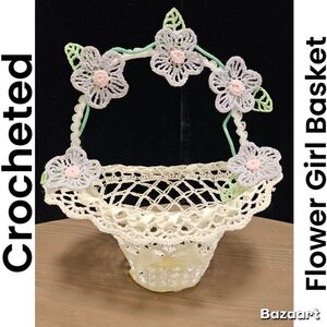 Crocheted Flower Girl Basket - Cream and Green